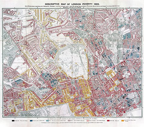 A map of London, produced by Charles Booth, showing the levels of poverty in differnet areas from 1889