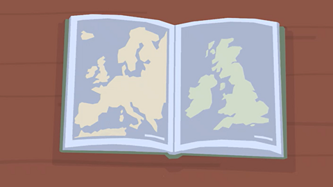 A cartoon of an open book with a map of Europe on one page and a map of the UK on the other page.