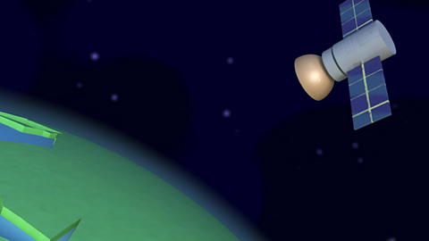 A cartoon of a satellite with a camera on it. It is floating in space pointed towards the Earth.