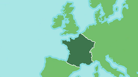 A cartoon map of Europe. France is a darker green colour. It is a big country below the UK. 