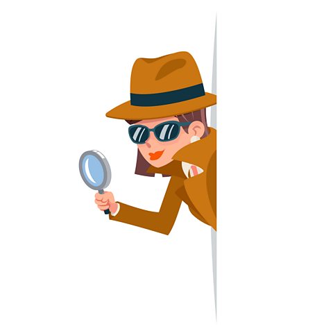 A cartoon of a female detective with a magnifying glass.