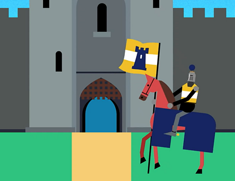 A cartoon castle with its gate open. A knight on a horse with a flag stands in front of the castle. 