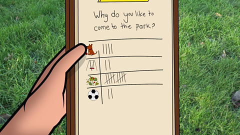 A tally showing qualitative data with a range of answers to the open question about why people like to come to the park.