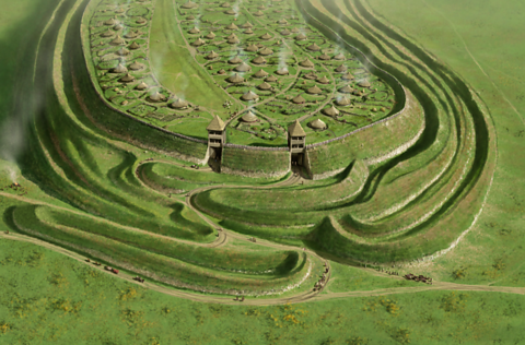 A reconstruction drawing of the western entrances to Maiden Castle during the Iron Age.