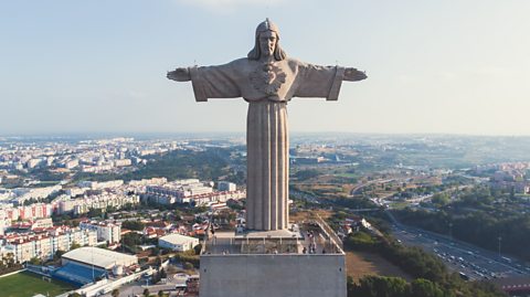 The Sanctuary of Christ the King statue in Almada faces the Portuguese capital Lisbon.