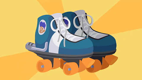 A cartoon pair of blue and white roller skates. They have a badge with Sue's face on them.