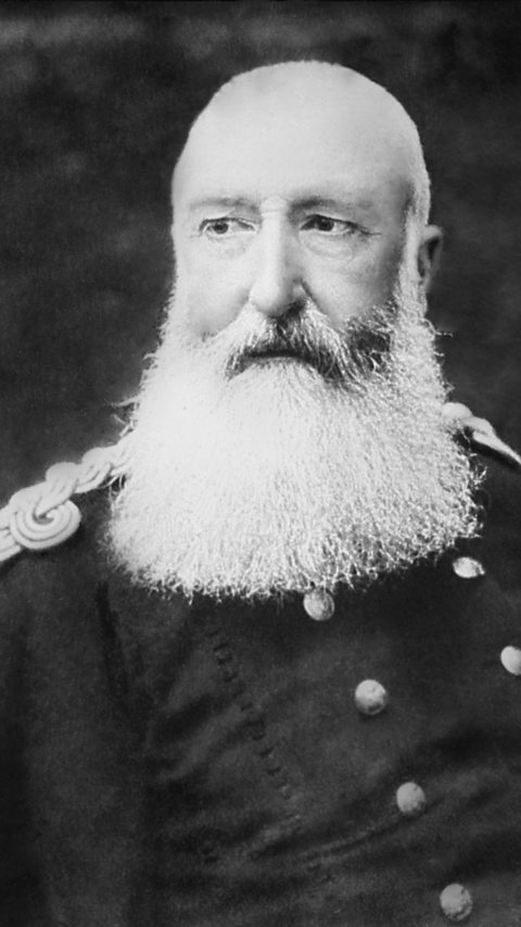 A black and white photograph of King Leopold II of Belgium.