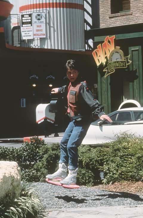 Michael J. Fox on his hoverboard in Back To The Future Part II (1989).