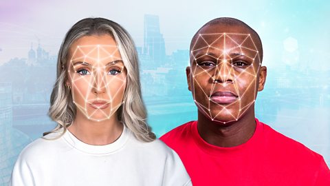 Two people having their faces mapped by computer software.