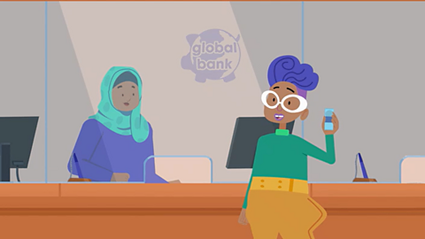 A cartoon of Sue holding money at a bank counter.