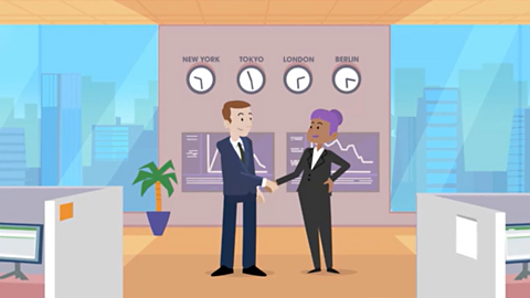 A cartoon of two people in suits shaking hands in an office. There are graphs and clocks with different time zones behind them.