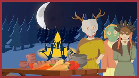 Image: a stylised illustration of ancient Samhain celebrations