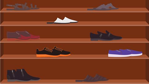 A variety of shoes on a set of shelves.