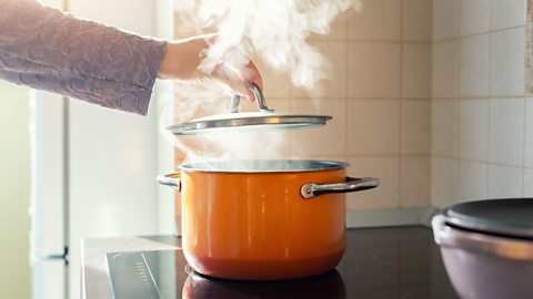 A person puts a lid on a saucepan which has steam coming out of it