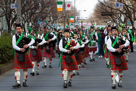 Bagpipers at the 27th St Patrick's Day Parade in Omotesando, Tokyo, Japan on 17 March 2019