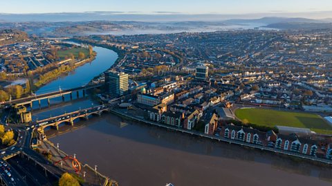 An aerial photograph of the River Usk in Newport, South Wales.