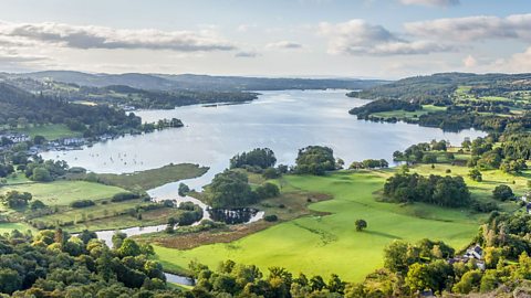 An aerial photograph of Lake Windermere. 