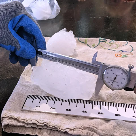 National Weather Service A hailstone measuring 4.83in (12cm) at its widest point was collected after a storm in Bethune, Colorado, US, in 2019 (Credit: National Weather Service, Goodland Forecast Office)
