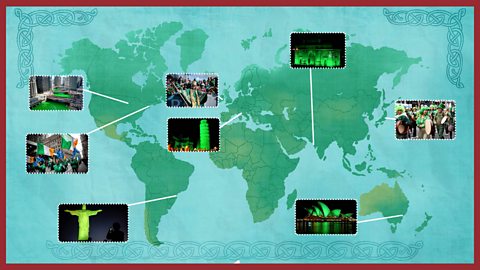 Image: world map showing St Patrick's Day celebrations