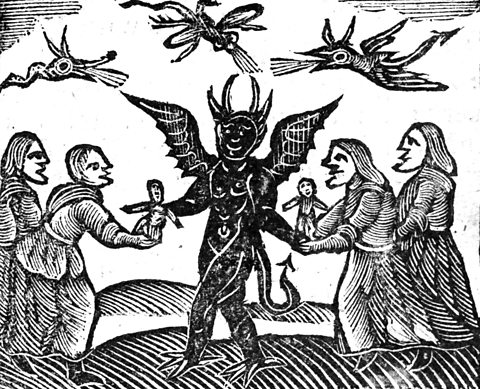 A group of witches offering wax effigies to the Devil in a 17th century woodcut