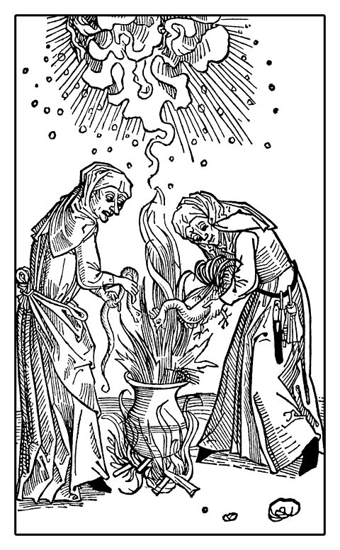 An engraving of witches making a potion to create hailstones.