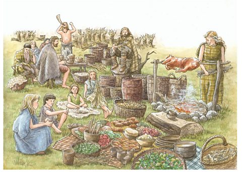A reconstruction drawing showing Iron Age people feasting.