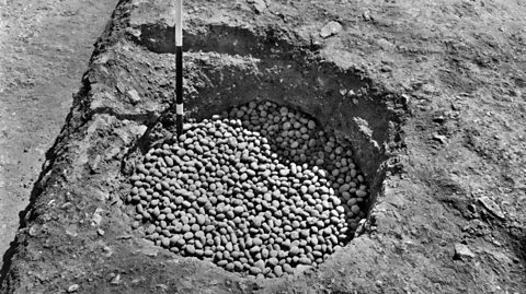 A black and white photograph of Iron Age pebbles stored in a pit near the entrance to Maiden Castle.