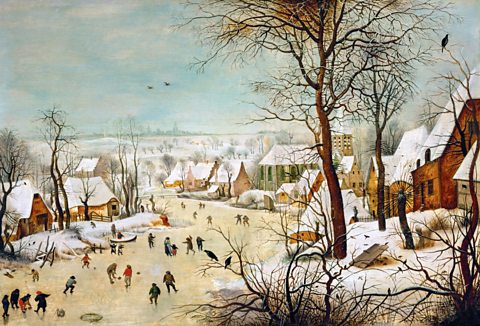 Winter Landscape with Ice-skaters and Bird-trap, by  Pieter Bruegel the Elder, 1565, depicts a winter scene during Europe's Little Ice Age.