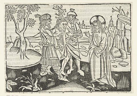 An engraving from around 1480 of Christ healing a man possessed by a devil or evil spirit.. 