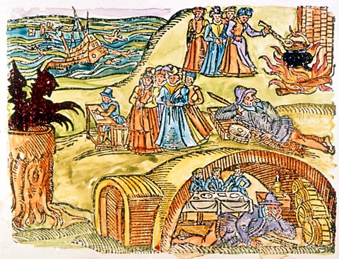 An engraving showing the events that led up to the North Berwick witchcraft trials from the publication 'Newes from Scotland' (1591).