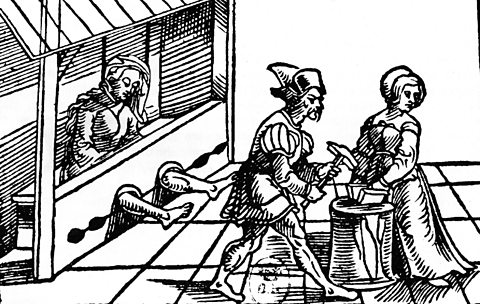 An engraving showing witches being tortured to confess during the Trier witch trials in Germany, from 1589 to 1593.