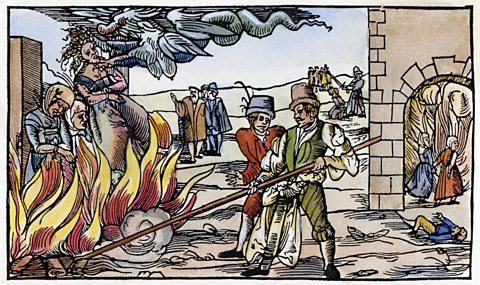  An engraving showing the public burning of three witches at Derneburg, Germany, in October 1555.