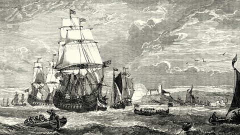 The first fleet of East India Company ships leaving England in 1601.