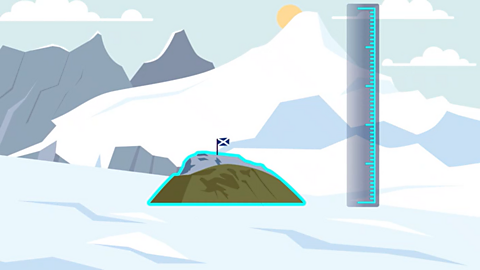 Cartoon of Mount Vinson and a much smaller mountain with the Scottish flag on it. There is a ruler measuring the mountains. 