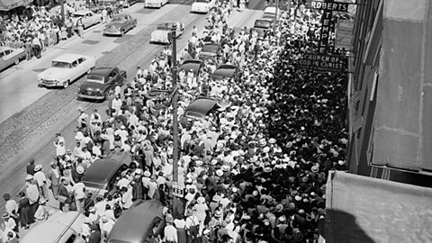 A photograph from above showing the large crowds that attended the funeral of Emmett Till