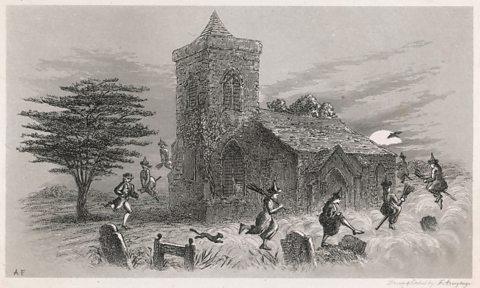 Engraving showing schoolmaster, John Fian, and the North Berwick witches on broomsticks.