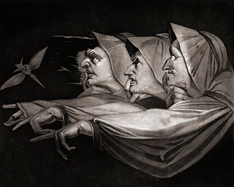 An engraving depicting the famous three Scottish witches from Shakespeare's Macbeth, 1606.