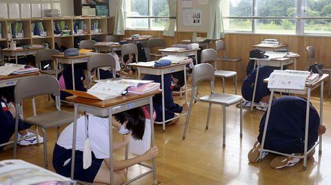 An earthquake drill in a school in Japan.