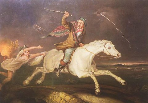 A painting illustrating the famous Robert Burns poem 'Tam o' Shanter'. In the poem, Tam barely escapes as he is chased by witches. 