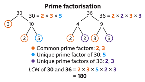 Prime factorisation. Two diagrams with equations: To the left: Thirty branching down to three (circled and highlighted) and ten. Ten branching down to two (highlighted orange) and five (highlighted blue) – both circled. Underneath: Thirty-six equals two multiplied by three multiplied by five. To the right: Thirty branching down to four and nine. Four branching down to two (highlighted orange) and two (highlighted purple) – both circled. Four branching down to three (highlighted orange) and three (highlighted purple) – both circled. Underneath: Thirty-six equals two multiplied by two multiplied by three multiplied by three. Below: Common prime factors: two, three – bullet pointed orange. Unique prime factors of thirty: Five – bullet pointed blue. Unique prime factors of thirty-six: Two, three – bullet pointed purple. LCM of thirty and thirty-six equals two multiplied by three multiplied by five multiplied by two multiplied by three equals one-hundred and eighty.