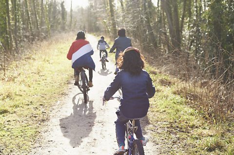 A family out on a bike ride in the woods