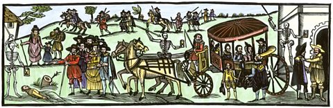 A woodcut showing townspeople fleeing to the countryside to escape the Bubonic Plague in England, 1630.