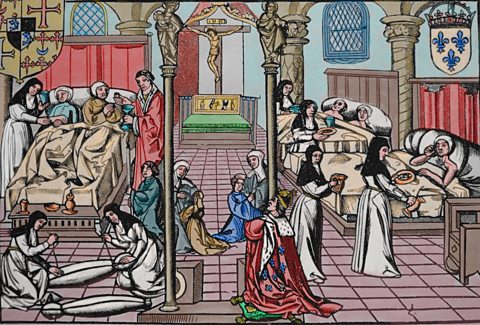  A ward in the Hotel-Dieu, hospital of Paris, during the Renaissance. 