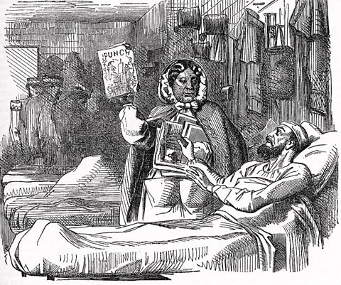 Mary Seacole, British-Jamaican nurse, bringing a copy of Punch magazine to a hospitalised soldier during the Crimean War.