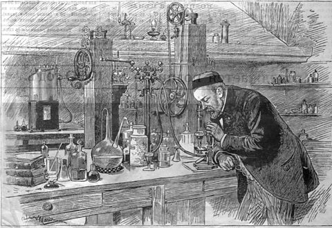 An illustration showing Louis Pasteur conducting experiments in his laboratory. 