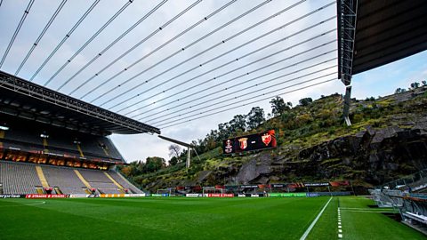 View from the dugouts at the Estadio Municipale de Braga ahead of a December 2021 Europa League game between Sporting Braga and Crvena Zvezda.