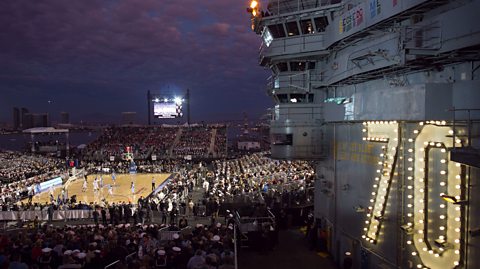 View of the court on US Navy aircraft carrier USS Carl Vinson for the Carrier Classic between North Carolina and Michigan State.