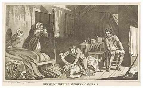 Illustration showing William Burke murdering Margery Campbell - the last of the Burke and Hare murders, 1829.