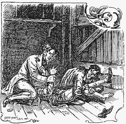 An illustration showing Burke and Hare murdering one of their victims.