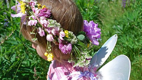 Focus image: a Swedish child wearing a flower crown for Midsummer